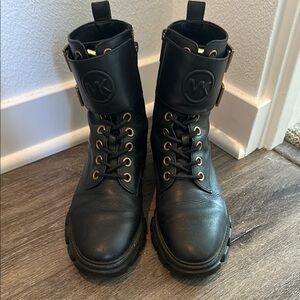 Michael Kors Black Leather Combat Boots with Gold Details